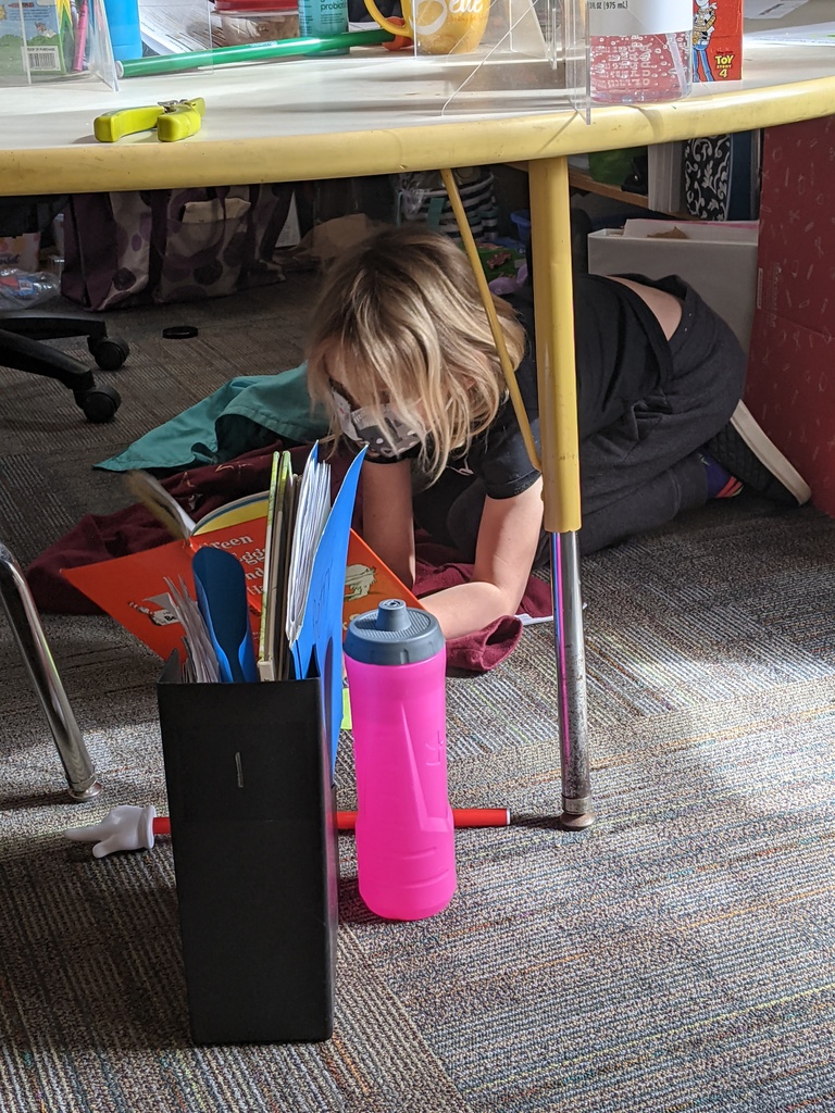 Addy reading under the kidney table.