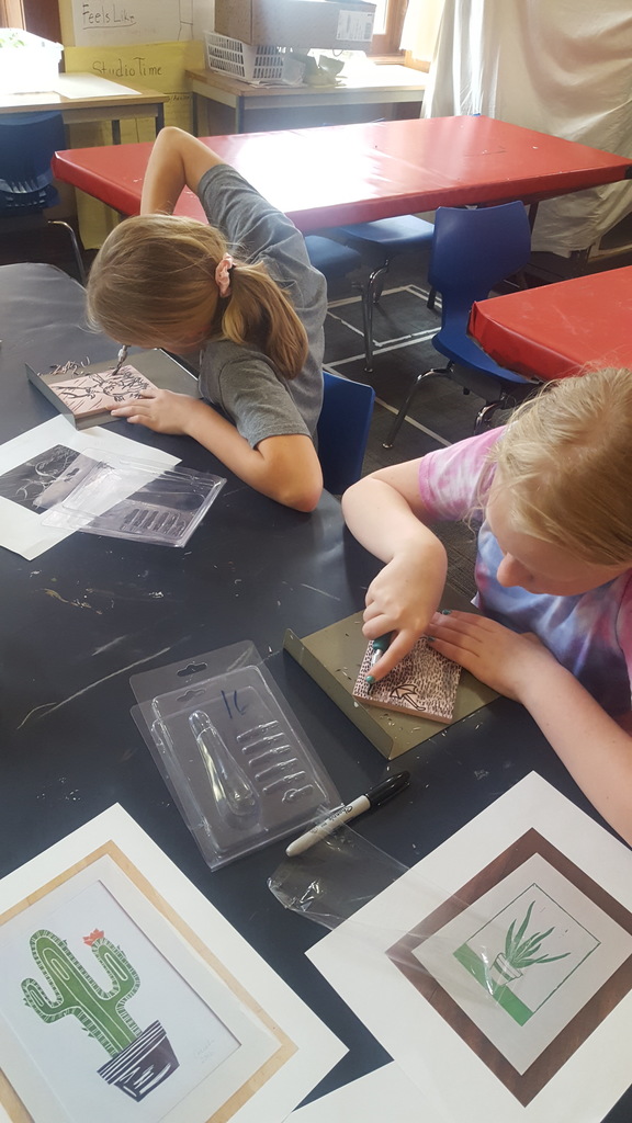 MNCS Elementary students learning the process of Linoleum Block Printing!