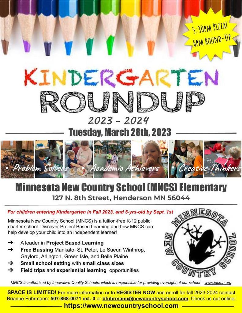 MNCS Kindergarten Round-Up is right around the corner! We hope to see you Tuesday, March 28th starting at 5:30pm for a pizza dinner and then at 6pm the Round-Up event will start! If you have a child who will be entering Kindergarten, or if you know of someone who does and is interested in enrolling into our MNCS Kindergarten class for the 2023-2024 school year, this is the time and place to meet the teacher, tour the school, and receive more information! We look forward to seeing you there! 